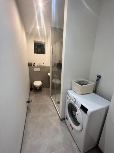 een badkamer met een wasmachine en een toilet bij 2,5 Räume 4 Einzelbetten in Krefeld