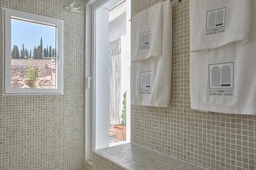 ein Badezimmer mit Dusche mit Spiegel und Fenster in der Unterkunft Casa Terma del Teatro in Cartagena