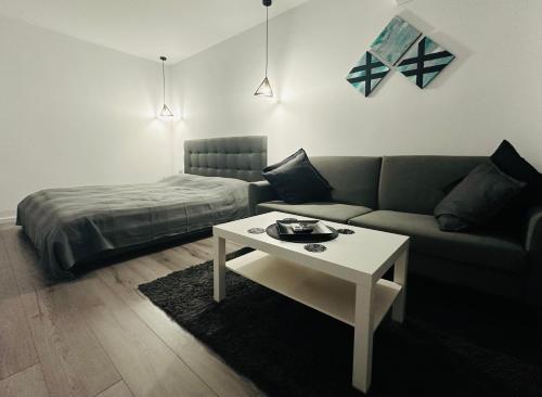 ein Wohnzimmer mit einem Sofa und einem Tisch in der Unterkunft Park View Studio - NETFLIX in Bukarest