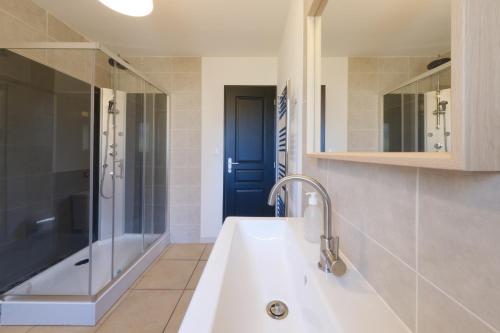 a bathroom with a tub and a sink and a shower at Gîte du héron de Sologne Calme classé 3étoiles Forêt WIFI Animaux bienvenus Services ProsConciergerie Comte des Cierges in Brinon-sur-Sauldre