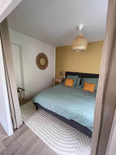um quarto com uma cama com lençóis azuis e almofadas laranja em Appartement proche Stade/Eurexpo em Décines-Charpieu