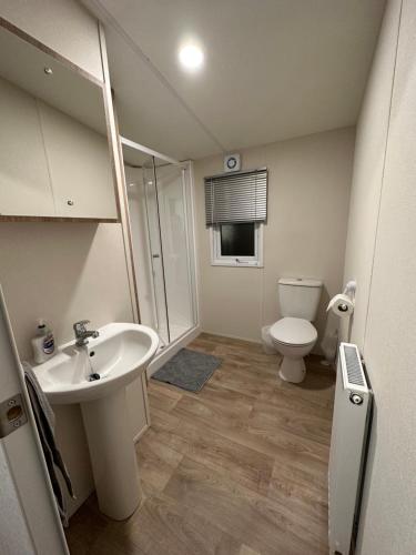 een badkamer met een wastafel en een toilet bij Billing Aquadrome Luxury Static Caravan in Great Billing