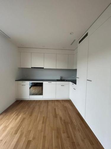 an empty kitchen with white cabinets and wooden floors at The R Apartment Vogelberg, Gym, Balkon, Parking in Balsthal
