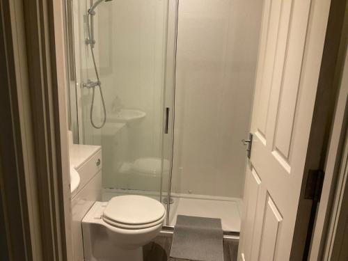 a white bathroom with a shower and a toilet at 103 Nelson Street 1 st floor Right in Largs