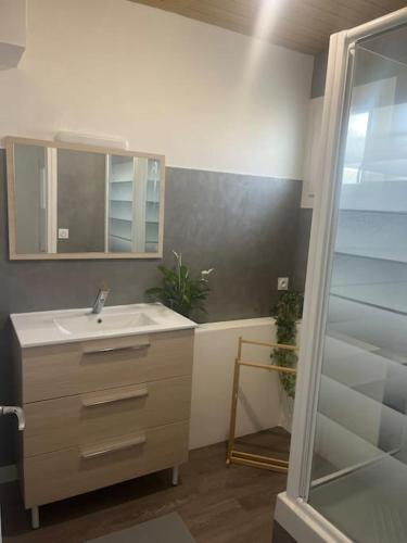 une salle de bain avec un lavabo et une douche dans l'établissement Charmante Maison proche mer, à Colleville-Montgomery