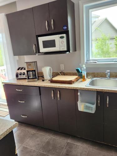 a kitchen with a sink and a microwave at Maison chaleureuse, énergétique et florale in Sherbrooke