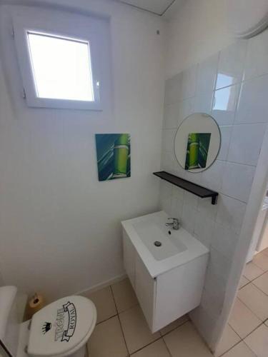 une salle de bain blanche avec des toilettes et un lavabo dans l'établissement Le Cocouning, à Ceyras