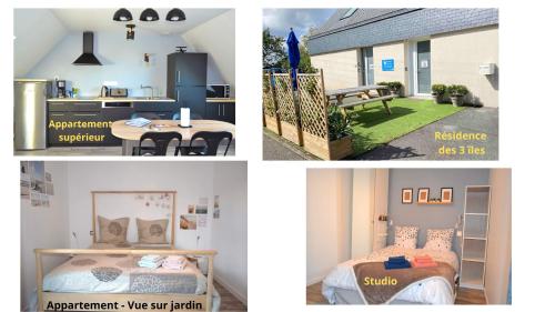 un collage de fotos de una cocina y una casa en Résidence des 3 îles, en plein centre-ville, à 5 min des plages, 3 appartements neufs, en Étables