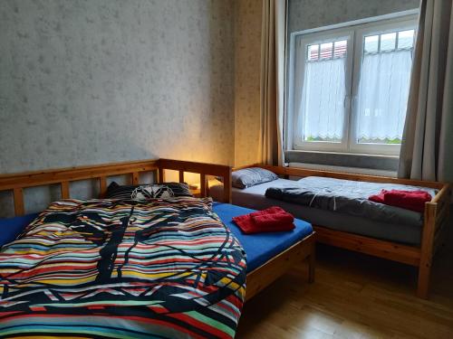 a bedroom with two beds and a window at Hasthaushof in Breitscheid