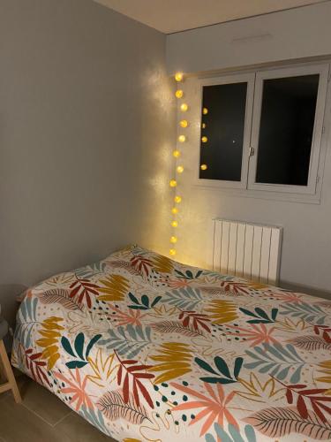 Una cama con un edredón colorido en un dormitorio en Studio entre lacs et montagnes en Rumilly