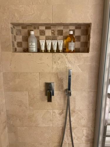 un bagno con doccia e bottiglie su una mensola di Appartement Loft Cannes a Cannes