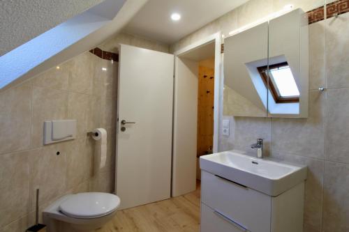 a bathroom with a toilet and a sink at Leipzig Hideaway in Großdeuben