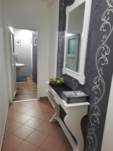 a bathroom with a sink and a mirror at Stan na dan DUNJA 2 in Vršac