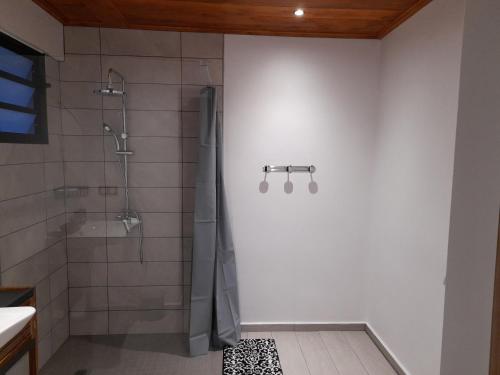 La salle de bains est pourvue d'une douche avec une porte en verre. dans l'établissement LES SOMMETS DE SALAZIE CHAMBRES D'HÔTES, à Salazie