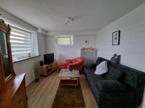 sala de estar con sofá negro y silla roja en Manderscheid Ferienwohnung mit Weitblick, en Manderscheid