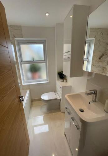 a bathroom with a toilet and a sink and a window at Lovely Two Bedroom House in Central Kidlington in Kidlington