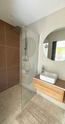 une salle de bain avec un lavabo et une douche en verre dans l'établissement LA PALMERAIE, à Châtelaillon-Plage