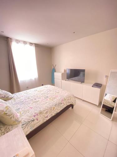 1 dormitorio con 1 cama y TV. en Cap d ail 2 pièces proches Monaco et plage en Saint-Antoine