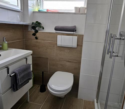 a bathroom with a toilet and a sink at Pension Bunz in Kelsterbach