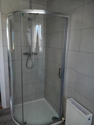 um chuveiro com uma porta de vidro na casa de banho em White Quarry House em Navan
