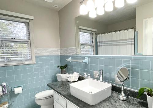 a bathroom with a sink and a toilet and a mirror at RusticParaiso: Family, Team & Group Urban Retreat in Greensboro
