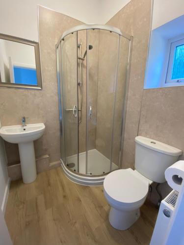 a bathroom with a shower and a toilet and a sink at The Snug on Hornby in Morecambe