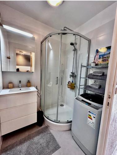 une salle de bain avec douche et lavabo dans l'établissement Studio Apartment - Domaine du Golf Resort, à Roquebrune-sur Argens