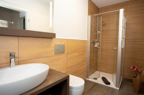 een badkamer met een wastafel, een douche en een toilet bij Ferienwohnung Albblick in Burladingen