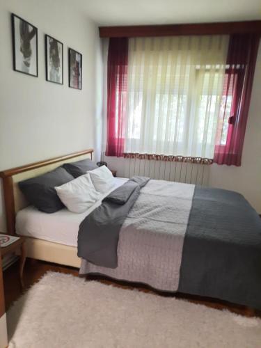 una camera con letto e finestra con tende rosse di Stan na dan DUNJA 1 a Vršac