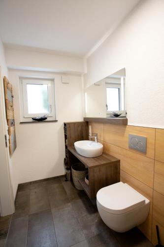 a bathroom with a toilet and a sink at Ferienwohnung Albblick in Burladingen
