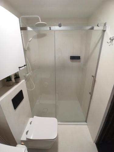 a bathroom with a glass shower with a toilet at Pod Domem in Grodzisk Mazowiecki