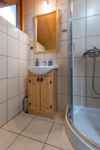 a bathroom with a sink and a shower and a tub at Domki Pienińskie in Szczawnica