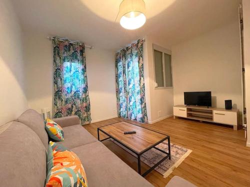 un salon avec un canapé et une télévision dans l'établissement Le Tropical - Spacieux T2 proche toutes commodités, à Annecy