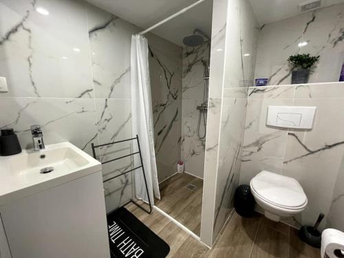 e bagno con servizi igienici, lavandino e doccia. di Douceur Drômoise appartement avec une chambre a Montélimar