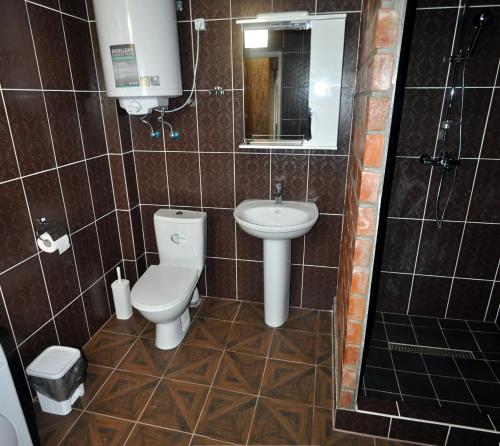 y baño con aseo y lavamanos. en Дворівневі Апартаменти-Лофт у Старому місті, en Kamianets-Podilskyi