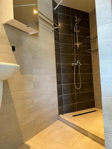 La salle de bains est pourvue d'une douche et de carrelage noir. dans l'établissement Bergerie provençale, aux Lecques