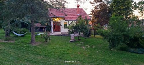 a small house with a hammock in a yard at Takovo - odmor u selu in Gornji Milanovac
