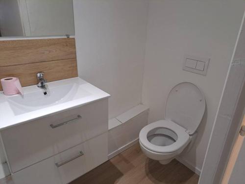 une salle de bain avec des toilettes blanches et un lavabo dans l'établissement Budgetbnb 195A,studette rue populaire, à Toulon