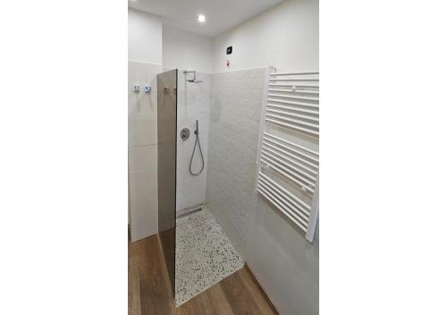 a bathroom with a shower with a glass door at Hotel La Superba in Genova