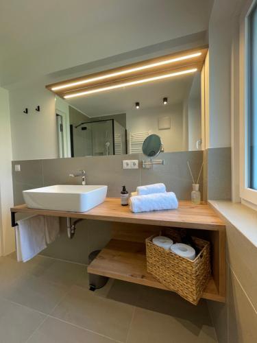 La salle de bains est pourvue d'un lavabo et d'un miroir. dans l'établissement Amontis Dolomites, à Alpe di Siusi