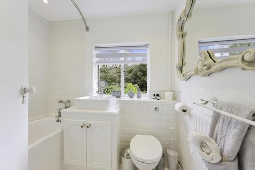 a bathroom with a toilet and a sink and a mirror at Pass the Keys Bright Cosy Cottage in Esher, West End in Esher