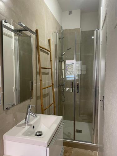 un baño con lavabo y ducha en Sole Mio, T2 avec loggia et petit aperçu mer, en Bormes-les-Mimosas