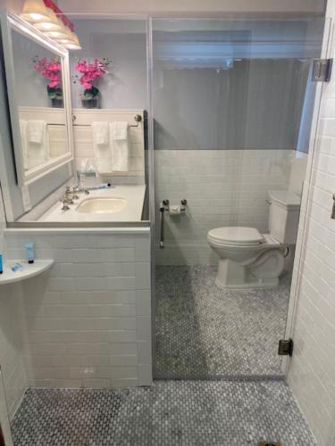 a bathroom with a toilet and a sink at The Hotel at Cape Ann Marina in Gloucester