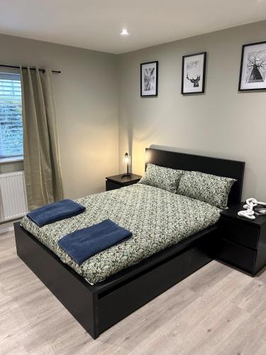 a bedroom with a bed with two blue pillows on it at Garreg Fawr Trearddur Bay - Ty Oren in Trearddur