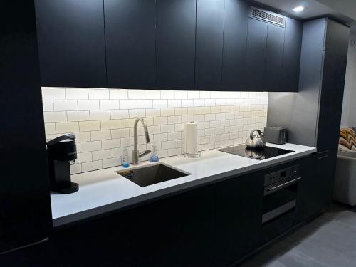 a kitchen with black cabinets and a sink at Downtown Miami Hotel in Miami