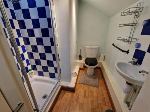 uma casa de banho com um chuveiro, um WC e um lavatório. em CosyHomeStay Evesham Spacious home W/Free Parking & WiFi em Evesham