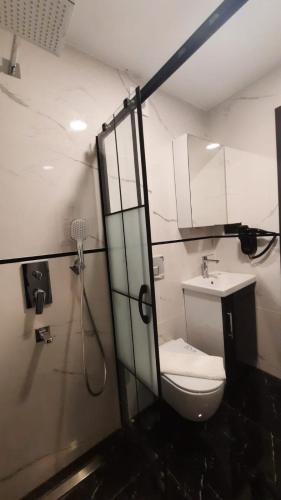 a bathroom with a shower and a toilet and a sink at SAND DOOR HOTEL in Istanbul