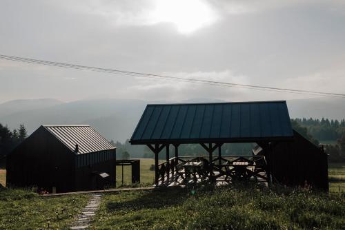 a pavilion with a picnic table in a field at Folwark Soblówka - Domek AGAT in Soblówka