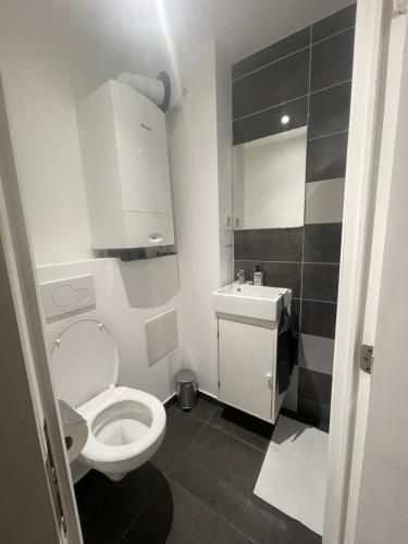 uma casa de banho com um WC branco e um lavatório. em Apartament Brussels 2 em Bruxelas