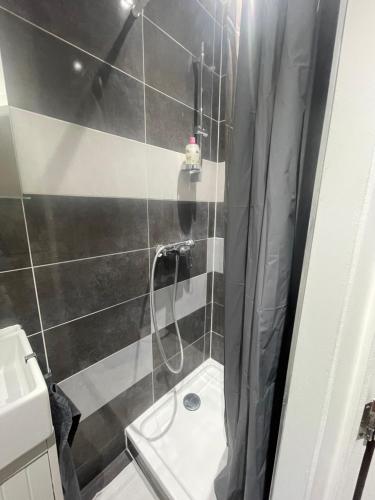 uma casa de banho com um chuveiro, um WC e um lavatório. em Apartament Brussels 2 em Bruxelas